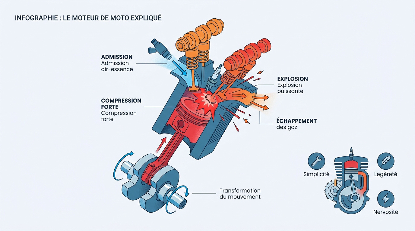 Schéma technique du fonctionnement d'un moteur de moto